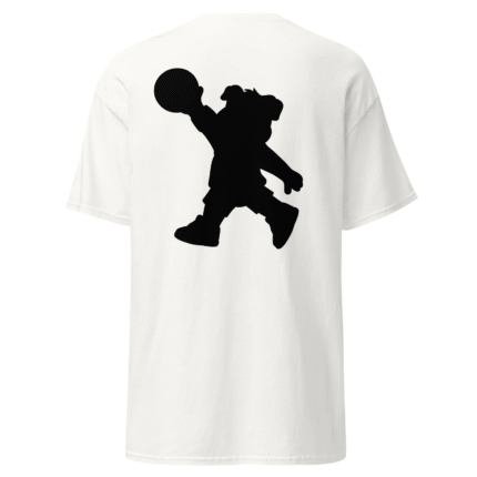 Alt text - Image of a white t-shirt with a Dunk Hog black silhouette dunking a basketball.