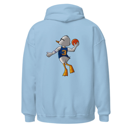 Image of a light blue hoodie with a Dunk Duck design.