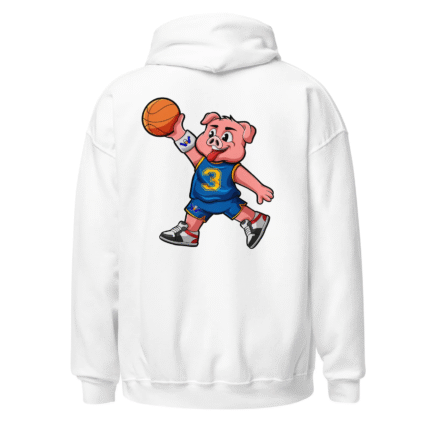 Image of a hoodie with a print of Dunk Hog dunking a basketball.
