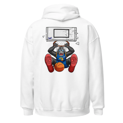 Image of a white hoodie with a print of Goalrilla Slam shattering the glass of the basketball backboard while slamming the basketball through the net.