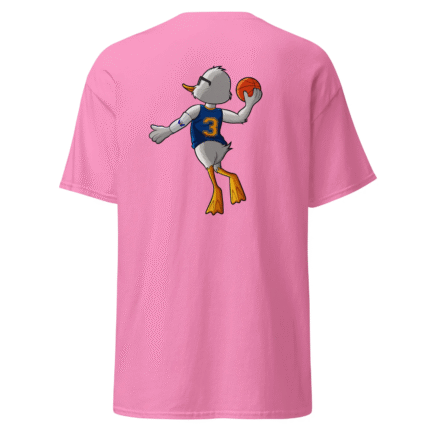 Image of a light pink T-shirt with a print of a cartoon duck in the air on its way to make a spectacular basketball dunk.