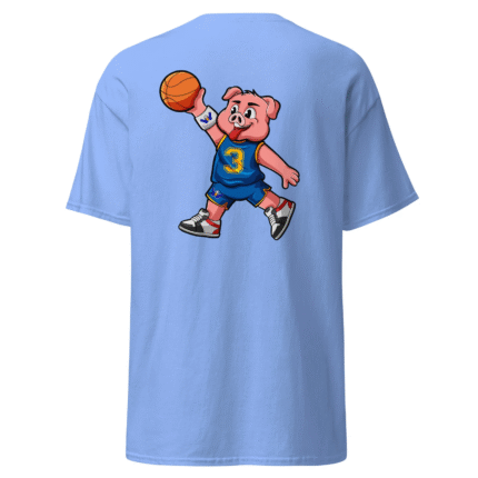 Image of a Dunk Hog T-shirt with a cartoon pig in a basketball uniform soaring through the air holding a basketball. 