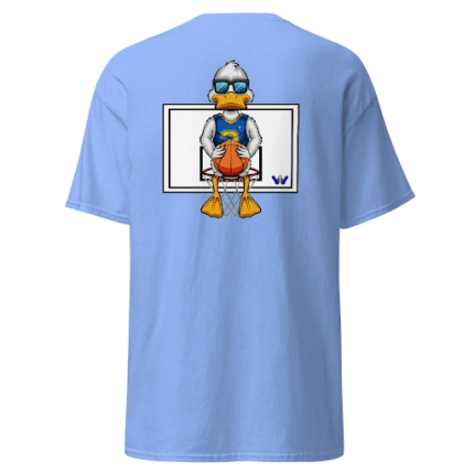 image of a Carolina blue t-shirt with the design of cartoon Dub Duck sitting on the rim of a basketball goal.